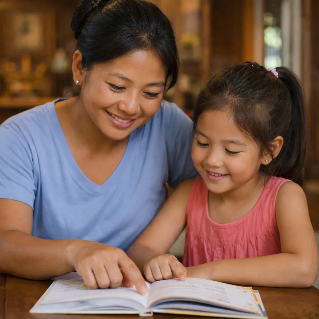 Nanny teaching young children at home